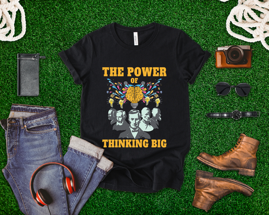 The Power of Thinking Big Tshirt – Brain with Great Scientists and Glowing Bulb Graphic