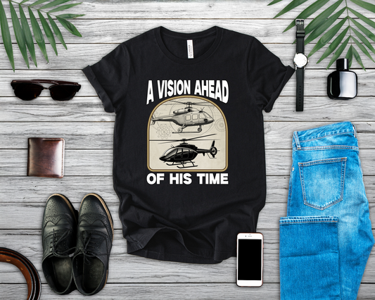 A Vision Ahead of His Time Tshirt – Da Vinci’s Helicopter and Modern Chopper Graphic