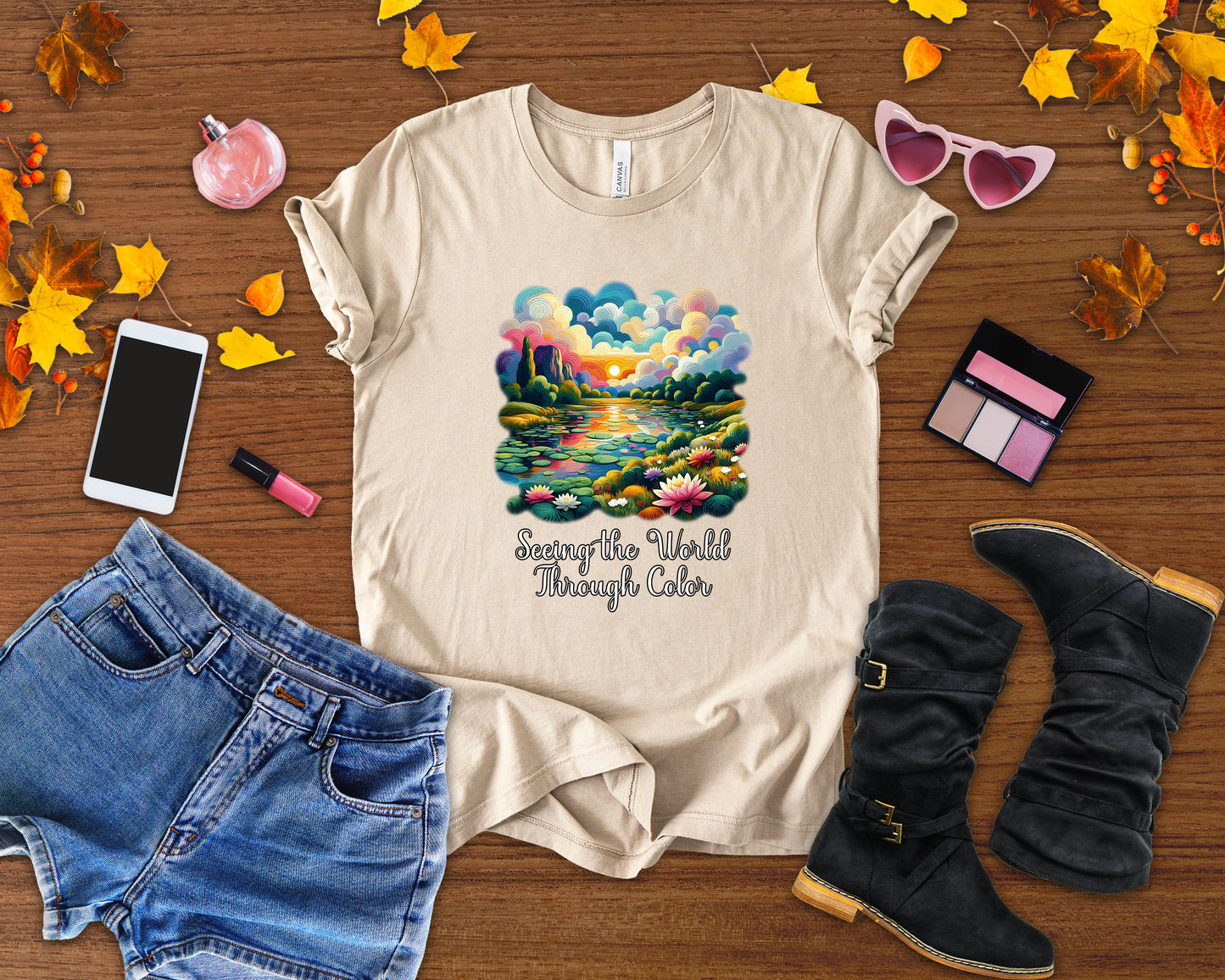Impressionist Seeing the World Through Color Tshirt – Colorful Lotus Pond with Sunset Graphic