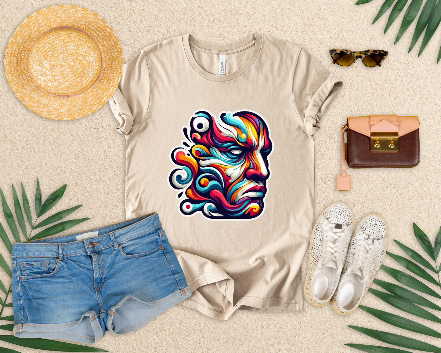 The Art of Expressionism Tshirt – Colorful Curved Strokes Forming a Vibrant Face