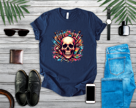 Art Is Not Dead Tshirt – Skull with Stacked Art Supplies Circular Graphic
