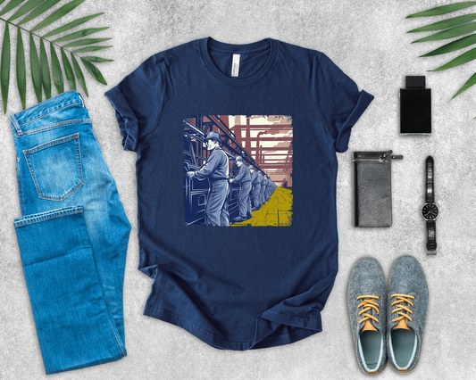 Factory Life, 1800s Edition Tshirt – Assembly Line Workers and Historic Factory Scene