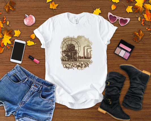 Cotton Gin Club Tshirt – Harvest-Ready Cotton Field with Historic Spinning Machine and Factory