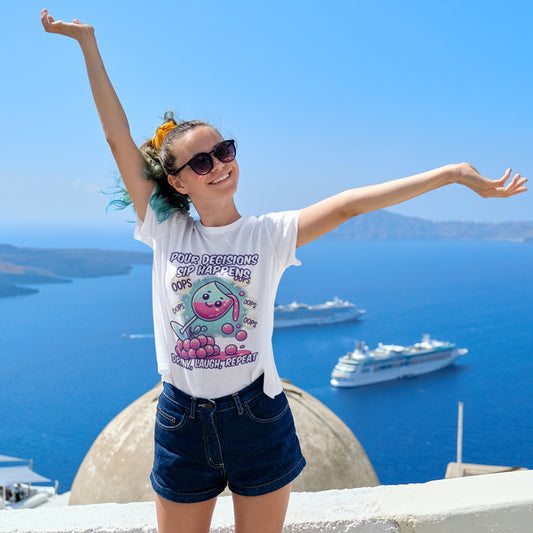 Pour Decisions Sip Happiness | Spilling Wine Glass Graphic T-Shirt