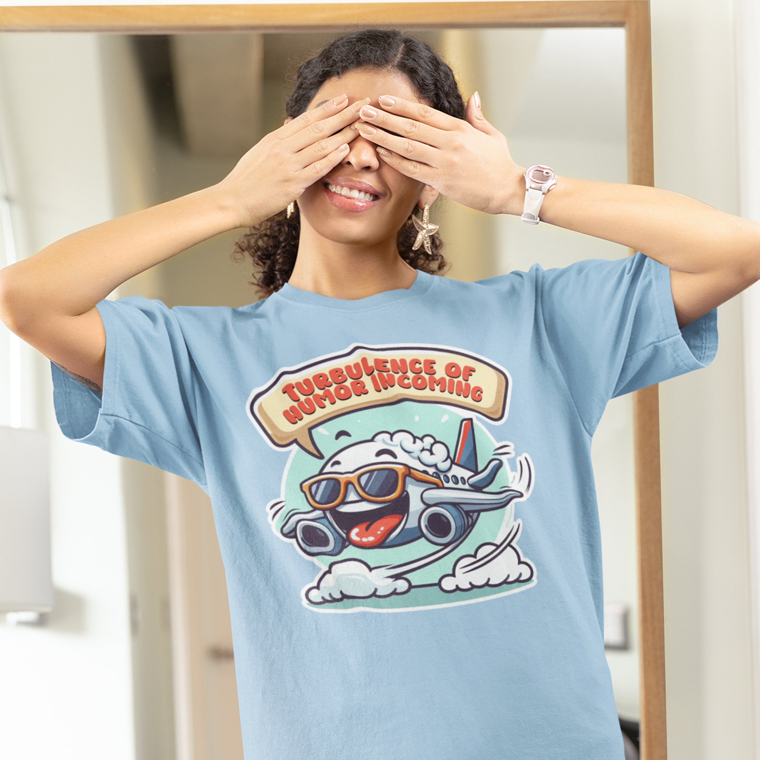 Turbulence of Humor Coming | Flight Landing with Smiling Face & Sunglasses Graphic T-Shirt
