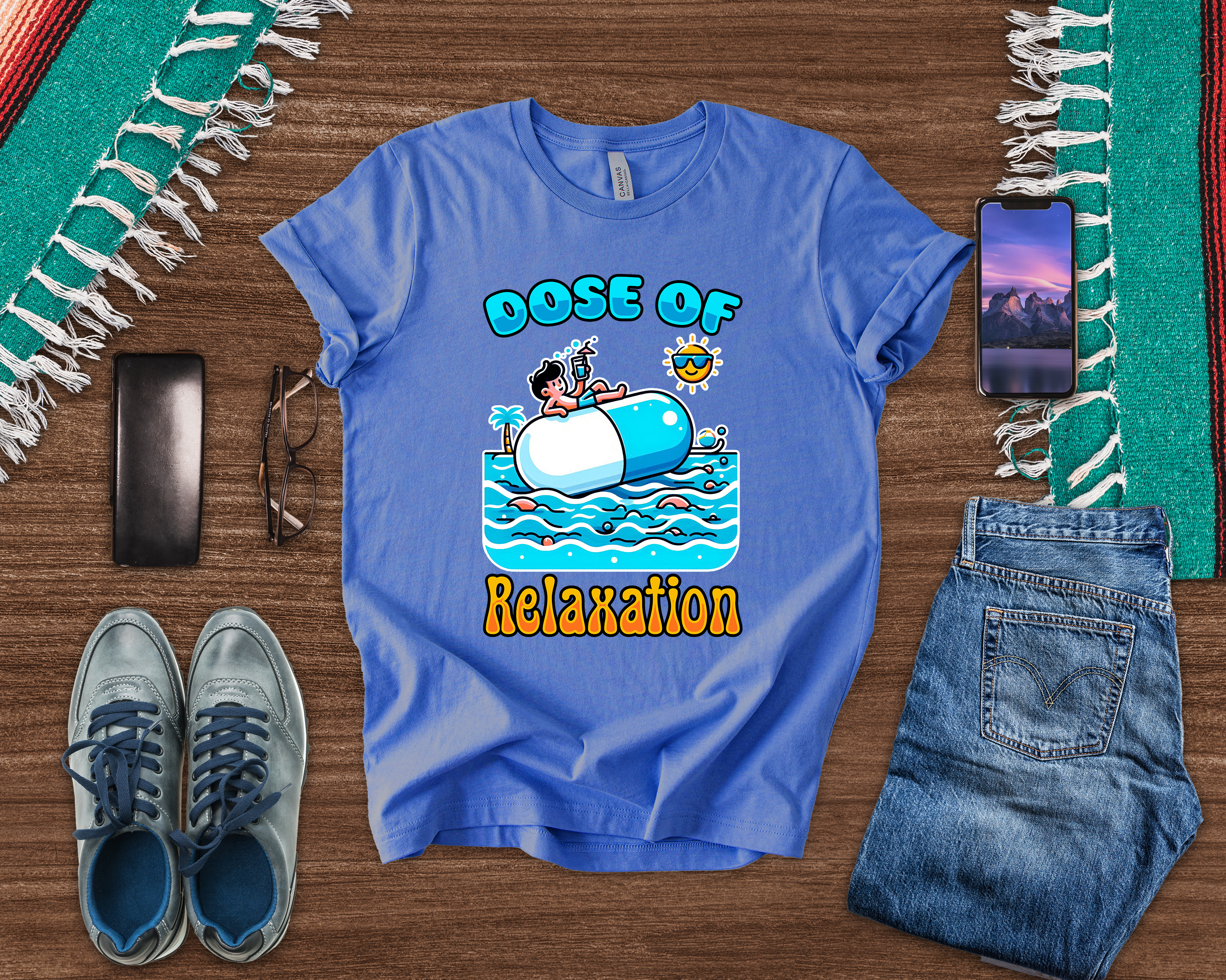 Dose of Relaxation | Boy Sitting on Pill Floating on Water with Drink, Sun & Palm Tree Graphic T-Shirt