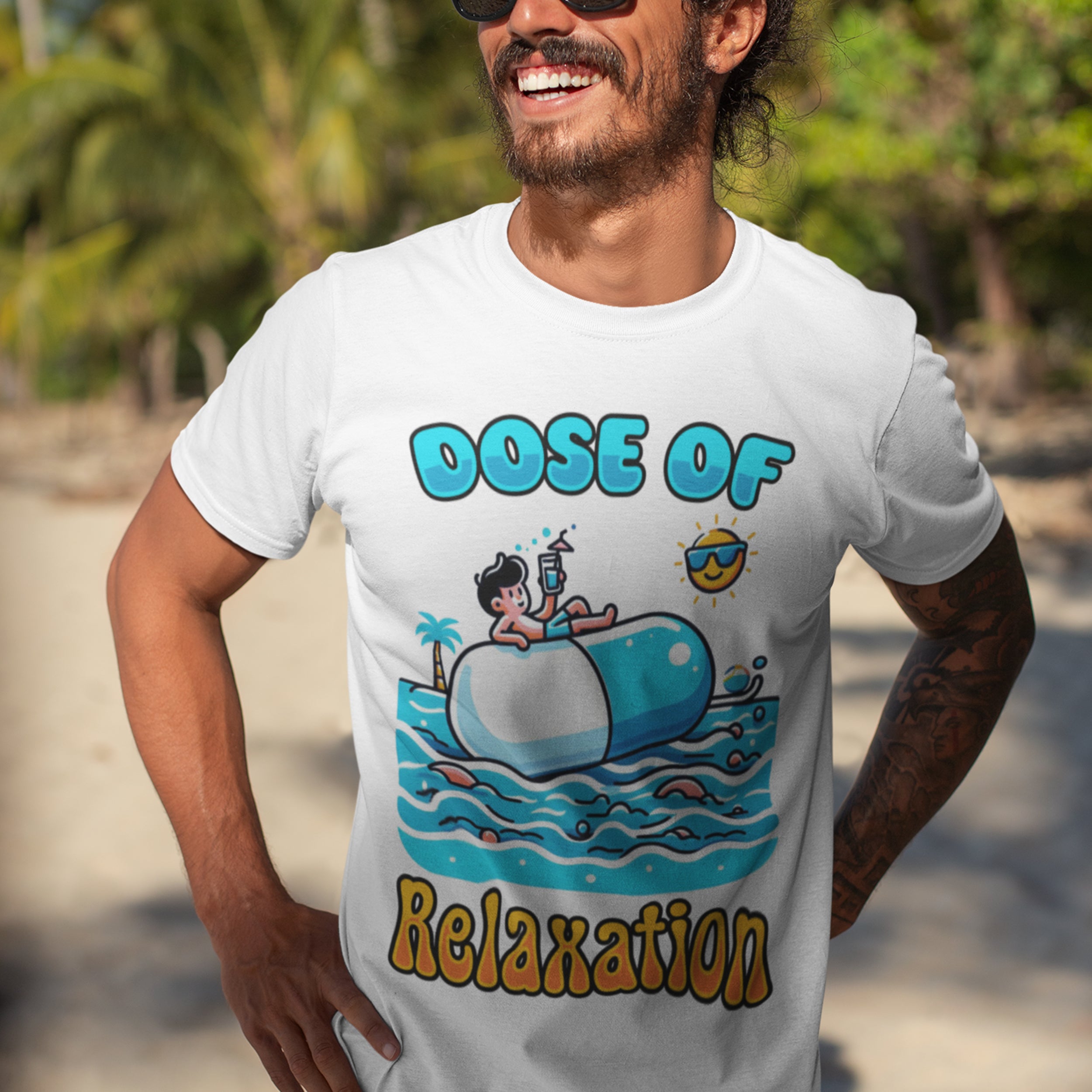 Dose of Relaxation | Boy Sitting on Pill Floating on Water with Drink, Sun & Palm Tree Graphic T-Shirt