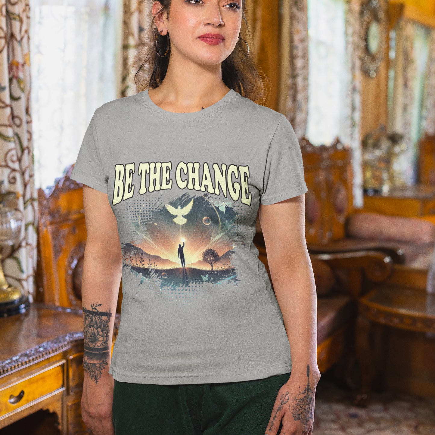 Be the Change | Walking Toward Sunset & White Pigeon T-Shirt