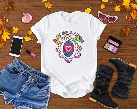 One of a Kind – Embrace Your Uniqueness Colorful Abstract Embryo with Fingerprint & Glowing Heart Graphic T-Shirt