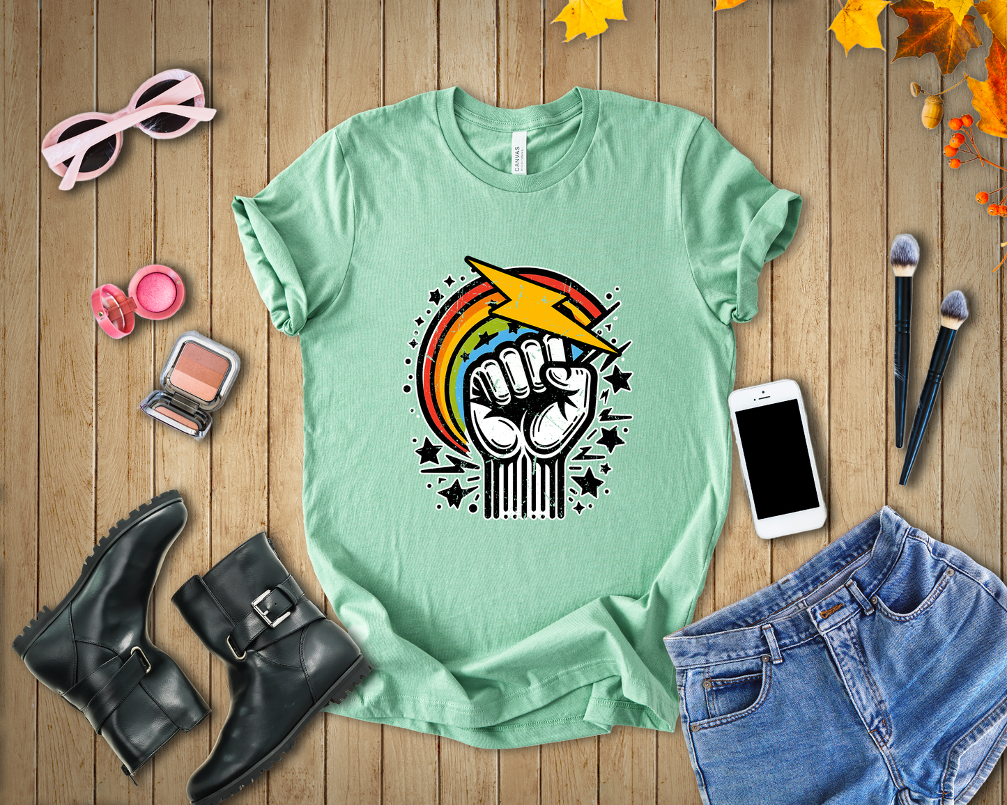 Rainbow Power & Pride – Raised Fist with Lightning Bolt and Rainbow Graphic T-Shirt
