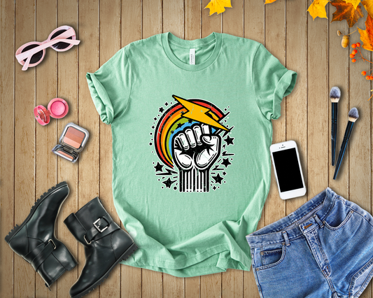 Rainbow Power & Pride – Raised Fist with Lightning Bolt and Rainbow Graphic T-Shirt