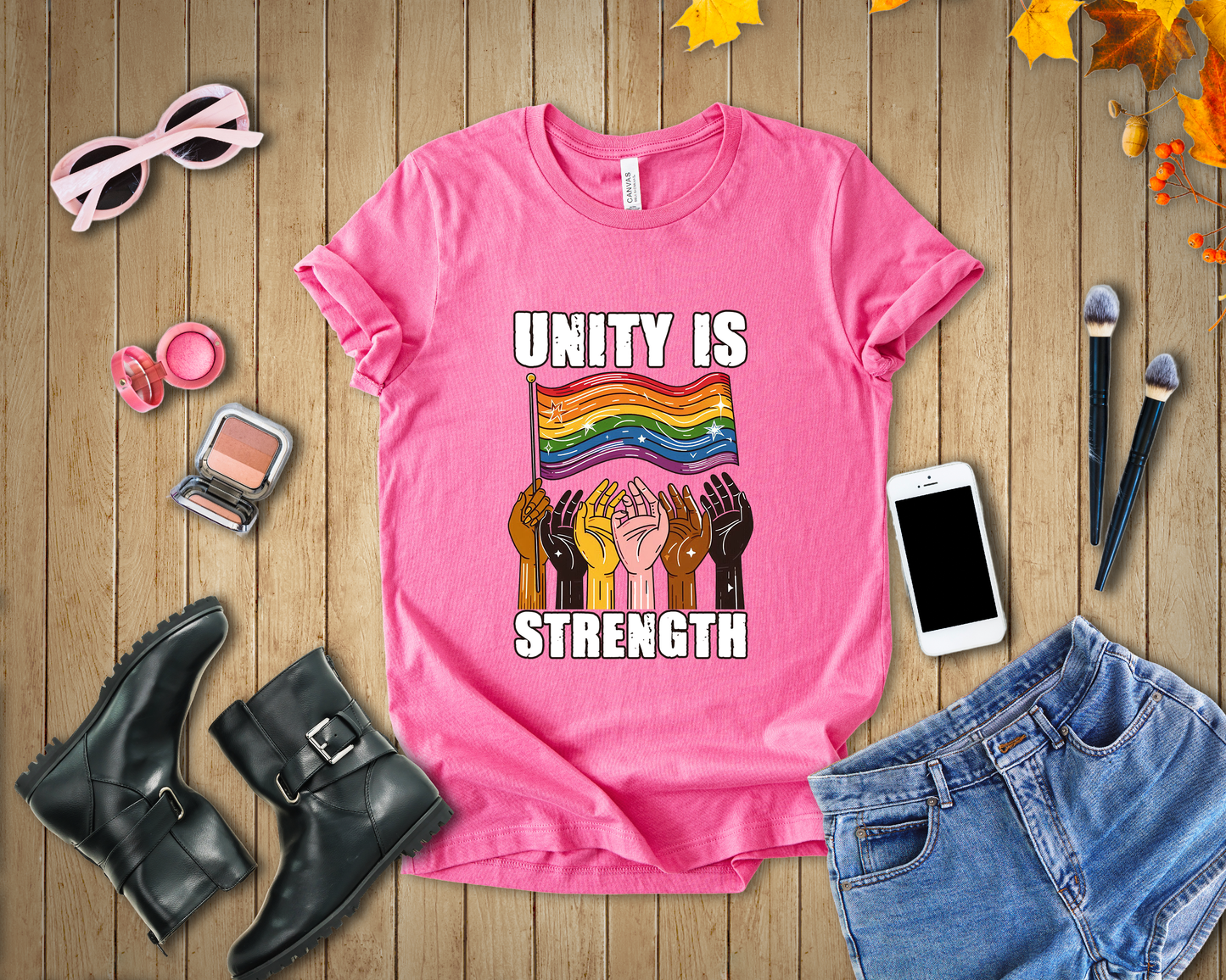 Unity Is Strength – Diverse Hands Holding Pride Flag Graphic T-Shirt
