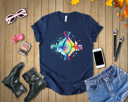 Life in Color – Vibrant DNA Helix with Medical Lifeline Graphic T-Shirt