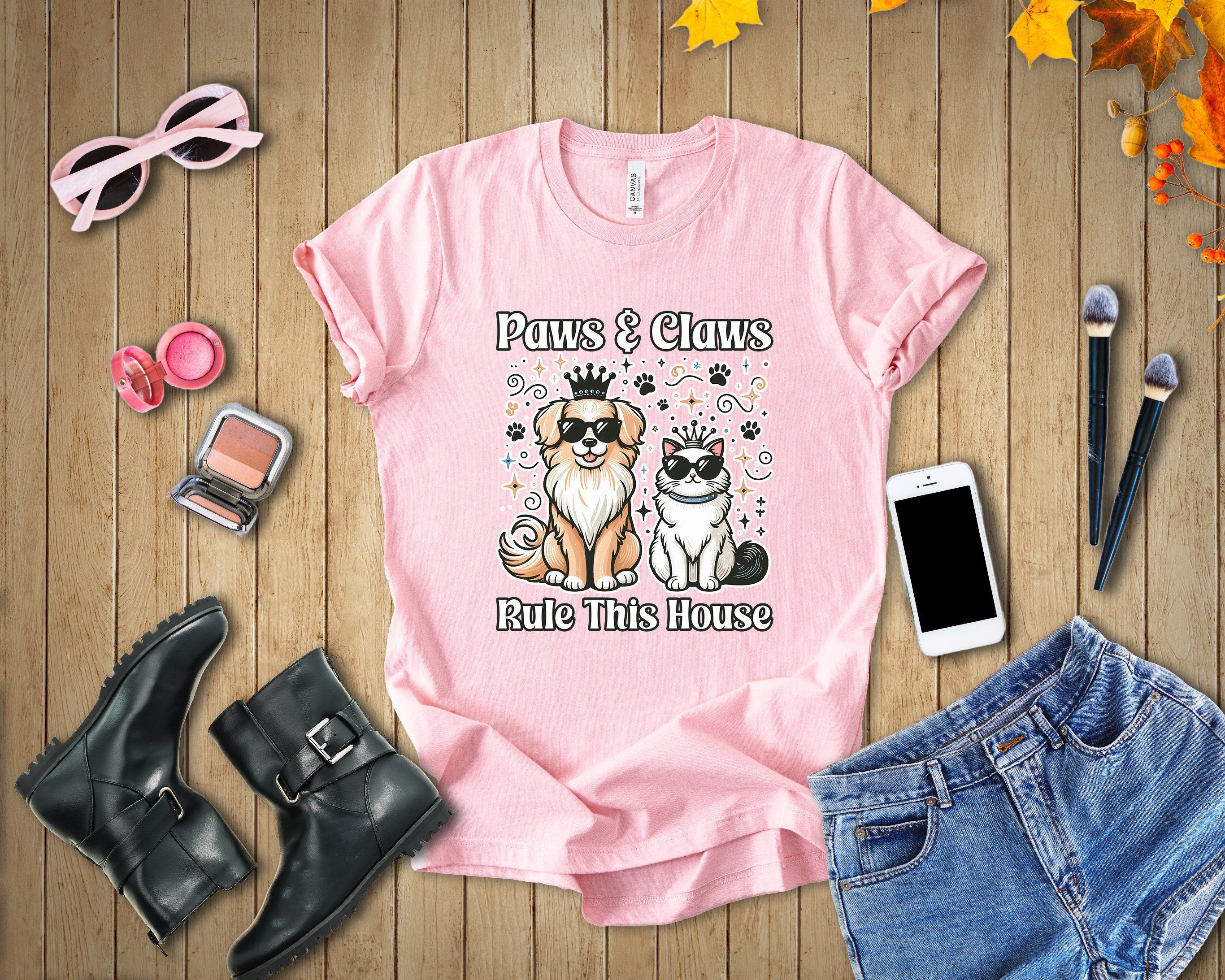 Paws and Claws Rule the House | Smiling Dog & Cat with Paw Shapes T-Shirt
