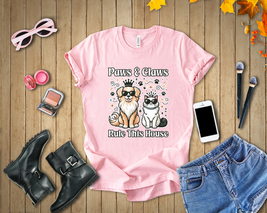 Paws and Claws Rule the House | Smiling Dog & Cat with Paw Shapes T-Shirt