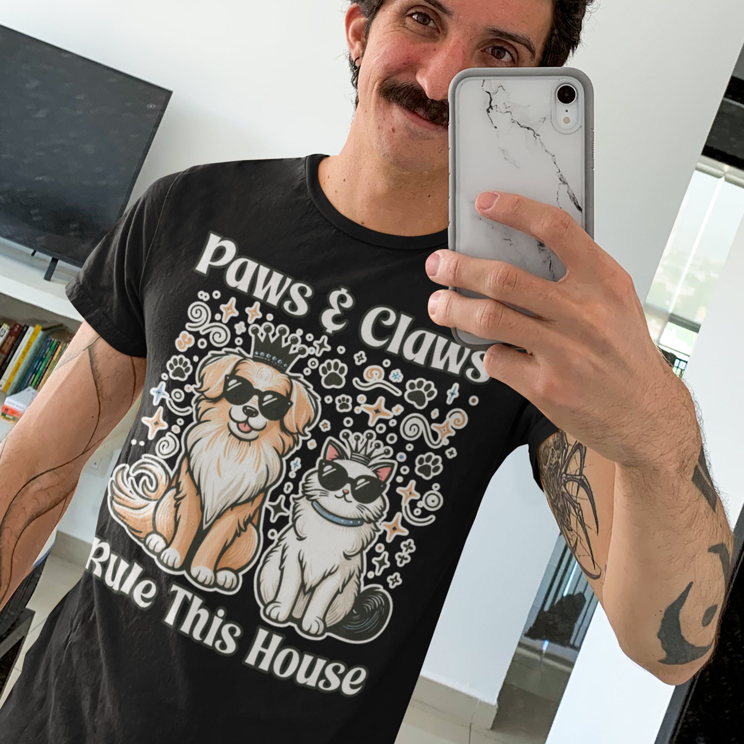 Paws and Claws Rule the House | Smiling Dog & Cat with Paw Shapes T-Shirt