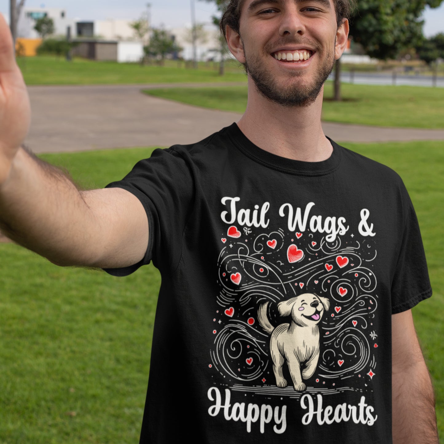 Tail Wags Happy Hearts | Smiling Puppy Walking with Flying Heart Emotions T-Shirt
