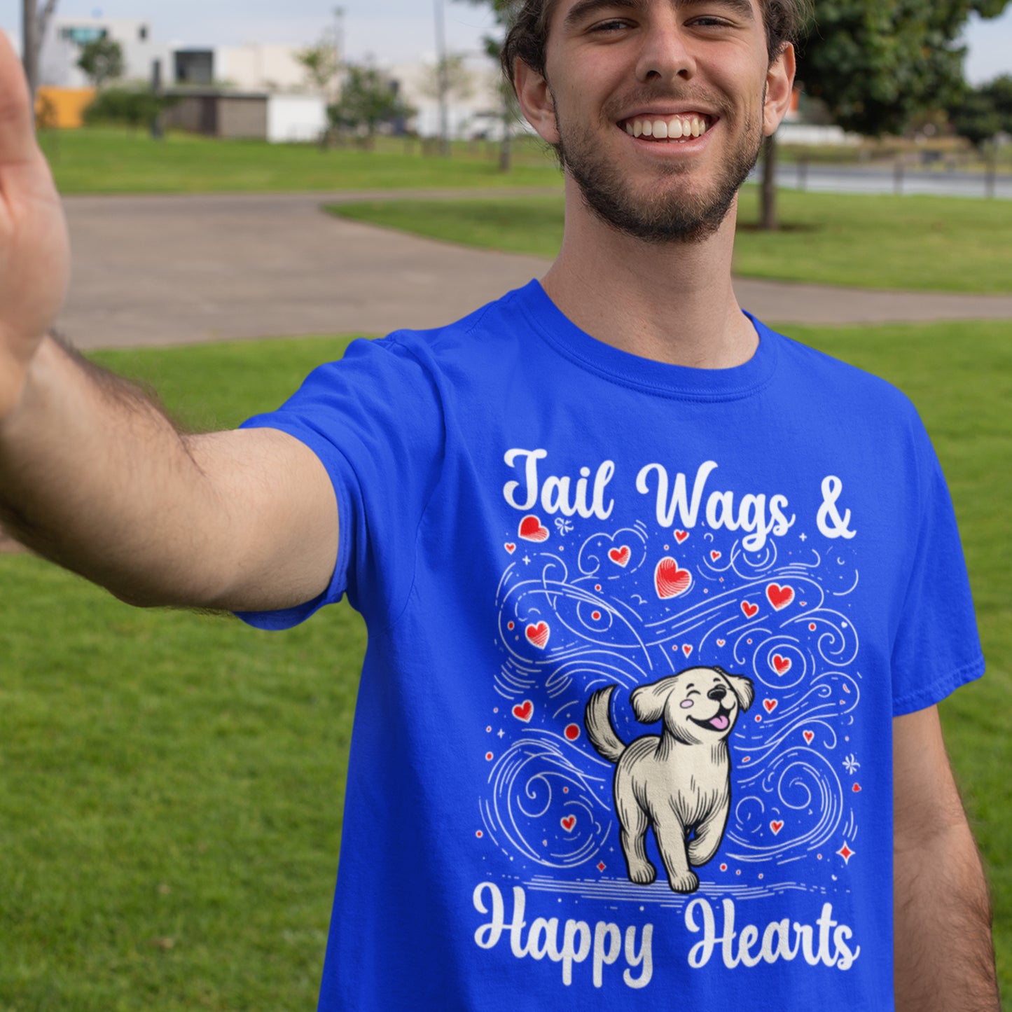 Tail Wags Happy Hearts | Smiling Puppy Walking with Flying Heart Emotions T-Shirt