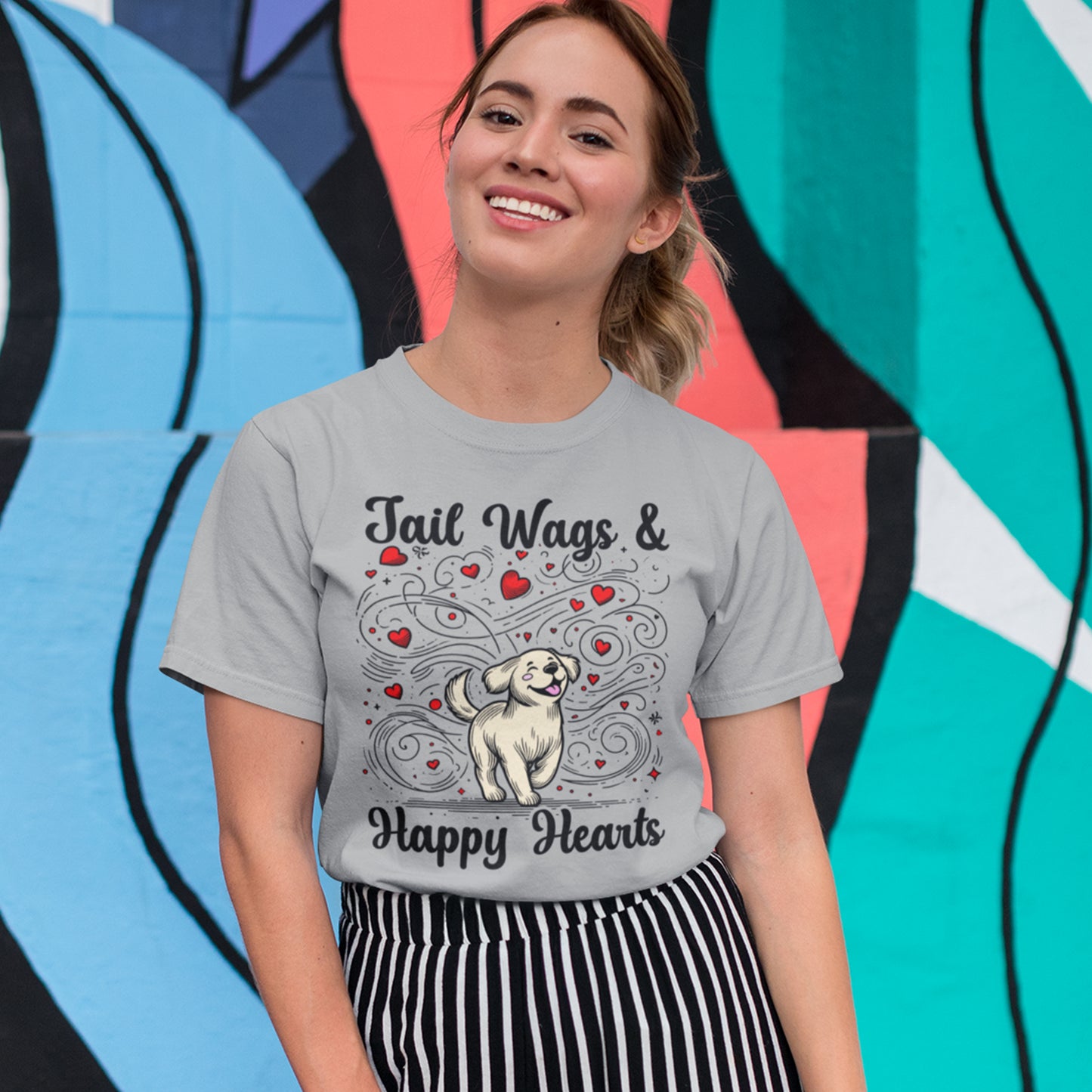 Tail Wags Happy Hearts | Smiling Puppy Walking with Flying Heart Emotions T-Shirt