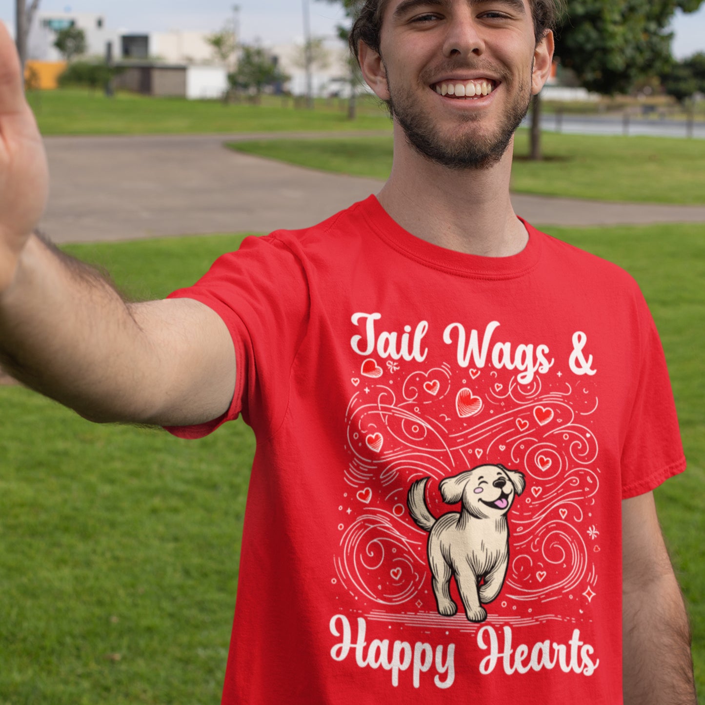 Tail Wags Happy Hearts | Smiling Puppy Walking with Flying Heart Emotions T-Shirt
