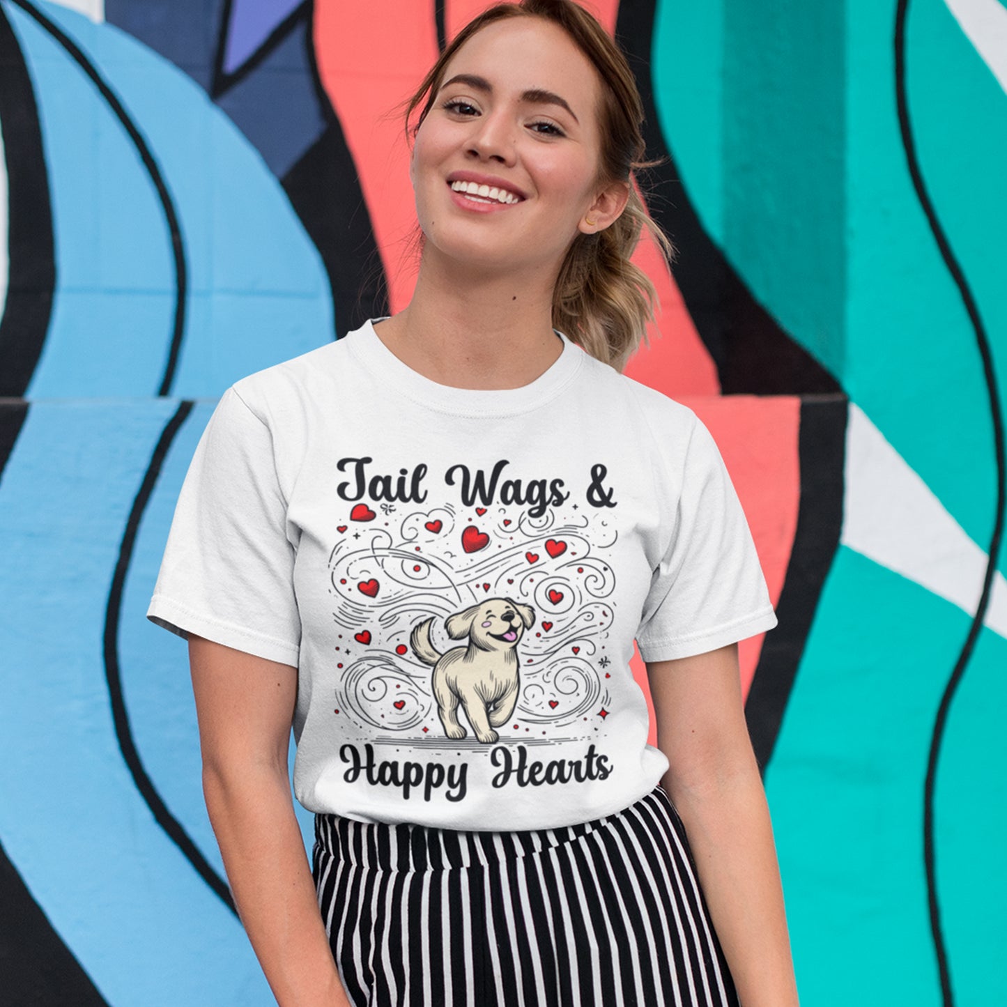 Tail Wags Happy Hearts | Smiling Puppy Walking with Flying Heart Emotions T-Shirt