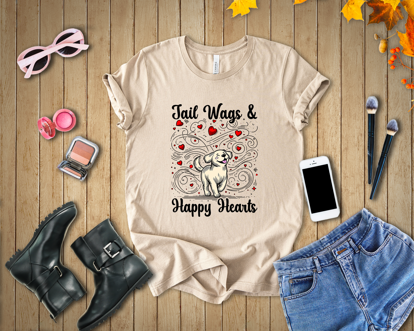 Tail Wags Happy Hearts | Smiling Puppy Walking with Flying Heart Emotions T-Shirt