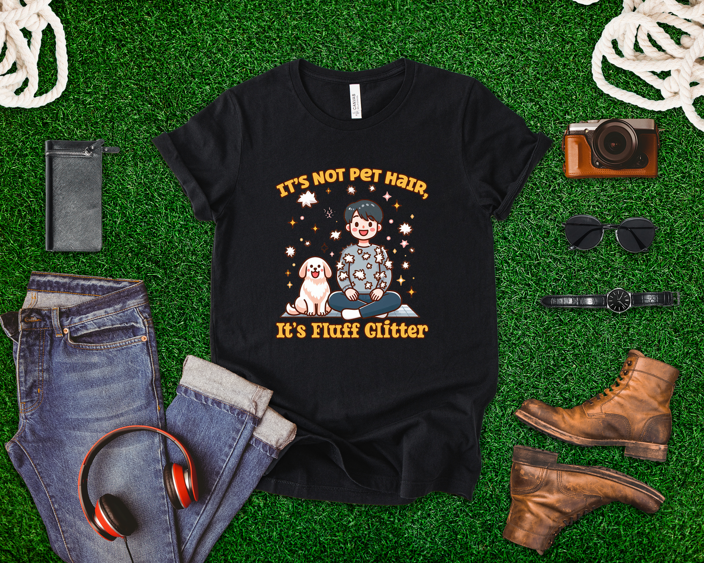 It's Not Pet Hair, It's Fluff Glitter | Smiling Puppy and Boy with Flying Hair & Glitter T-Shirt