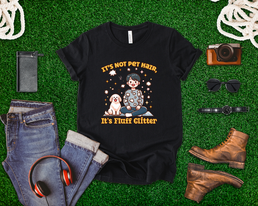 It's Not Pet Hair, It's Fluff Glitter | Smiling Puppy and Boy with Flying Hair & Glitter T-Shirt