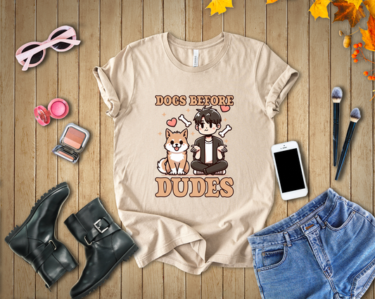 Dogs Before Dudes | Smiling Puppy & Surprised Boy with Hearts, Bones, and Stars T-Shirt