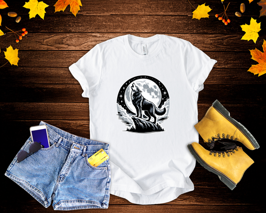 Mystical and Wild - Wolf Howling on Mountain Edge with Full Moon and Stars Graphic T-Shirt