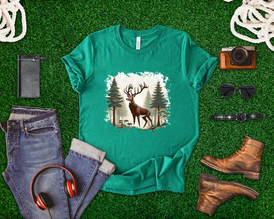 Majestic Deer with Large Antlers | Sunlight Through Foggy Forest Graphic T-Shirt