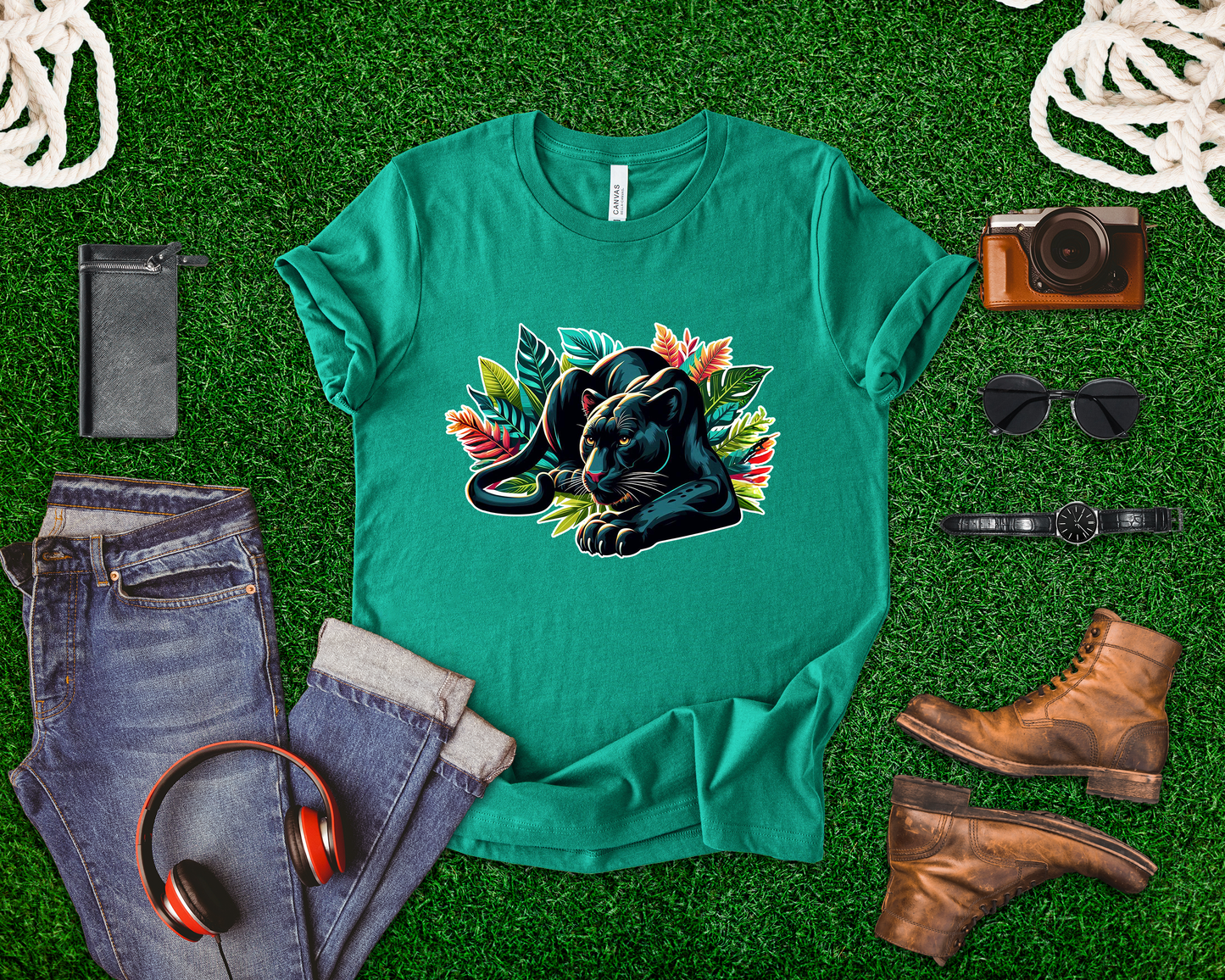 Wild and Beautiful - Black Panther with Claws Out and Jungle Leaves Graphic T-Shirt