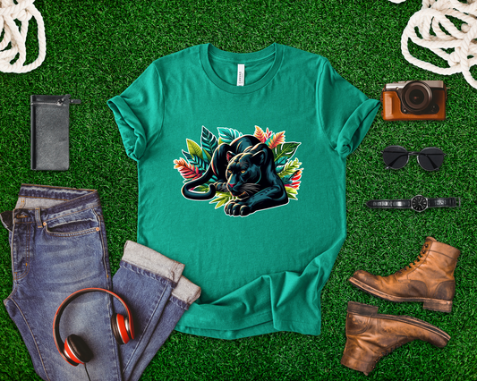 Wild and Beautiful - Black Panther with Claws Out and Jungle Leaves Graphic T-Shirt