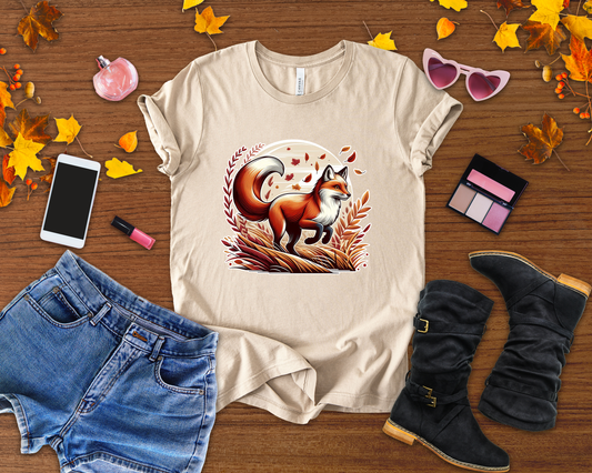 Grace and Agility - Elegant Fox Leaping in Grain Field with Flying Leaves Graphic T-Shirt