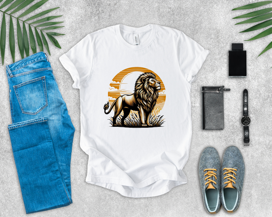 King of the Wild Majestic Male Lion Watching Territory with Sunrise Graphic T-Shirt