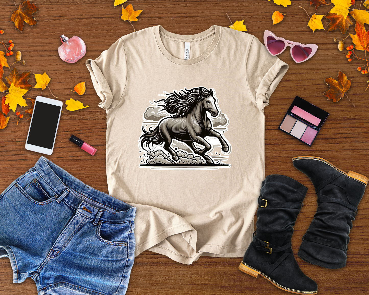 Wild Mustang Running Free with Dust and Dramatic Clouds Graphic T-Shirt