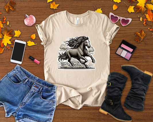 Wild Mustang Running Free with Dust and Dramatic Clouds Graphic T-Shirt