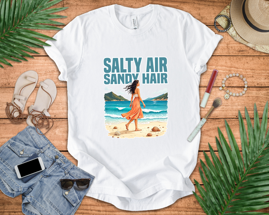 Salty Air Sandy Hair Tee, Beach Babe Shirt, Ocean Mood Graphic Tee, Summer Coastline Top, Coastal Girl Gift Tee