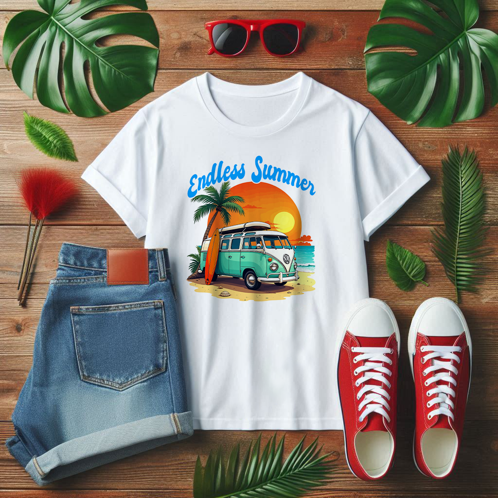 Endless Summer Beach Van with Surfboard and Palm Tree Sunset Graphic T-Shirt