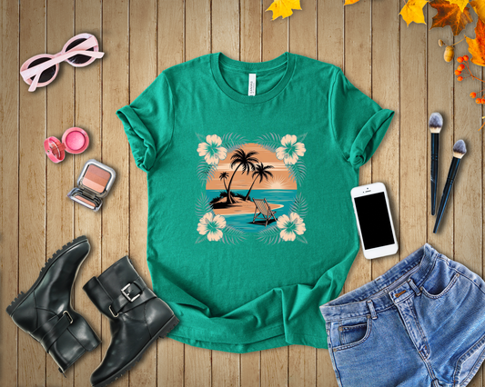 Tropical Escape – Beach Island Sunset with Floral Border Graphic T-Shirt