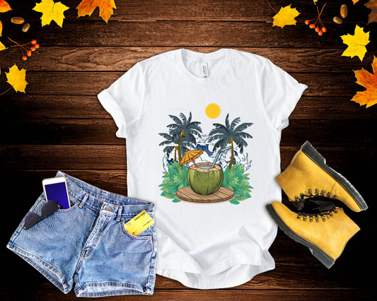 Paradise Found Tropical Refresh – Tender Coconut Drink with Palm Leaves & Ocean Waves Graphic T-Shirt