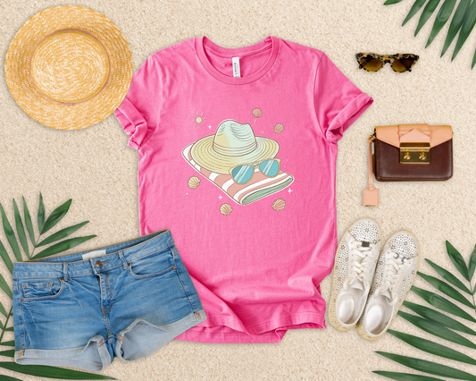 Sun Kissed & Carefree Beach Day Essentials – Towel, Sunglasses & Hat with Sun and Seashells Graphic T-Shirt