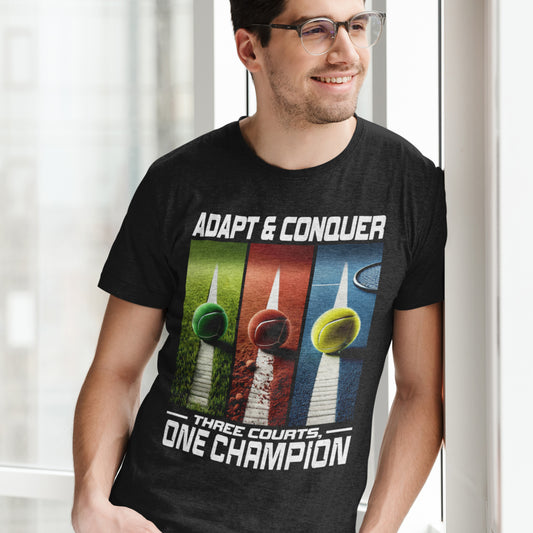 Adapt & Conquer, Three Courts and One Champion | Grass, Clay, and Hard Tennis Courts Graphic T-Shirt