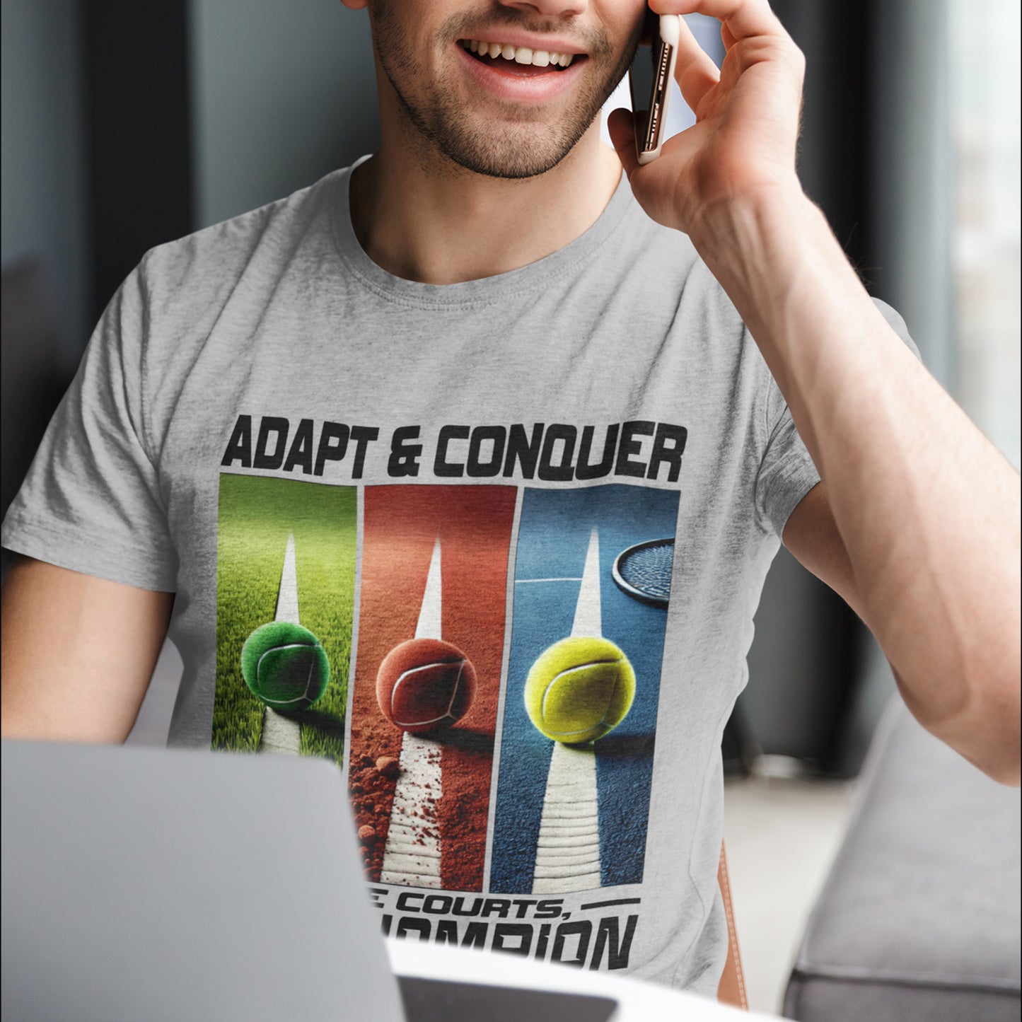 Adapt & Conquer, Three Courts and One Champion | Grass, Clay, and Hard Tennis Courts Graphic T-Shirt
