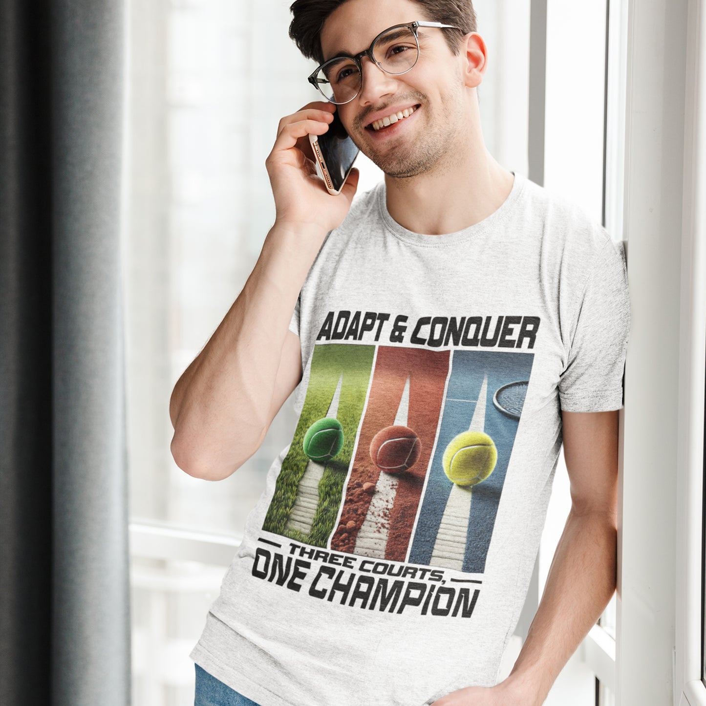 Adapt & Conquer, Three Courts and One Champion | Grass, Clay, and Hard Tennis Courts Graphic T-Shirt