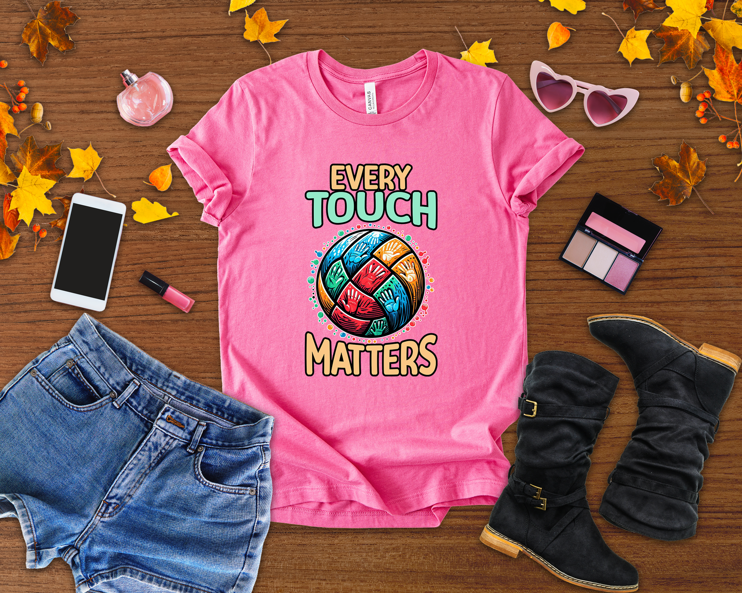 Every Touch Matters – Colorful Volleyball Handprints Graphic T-Shirt