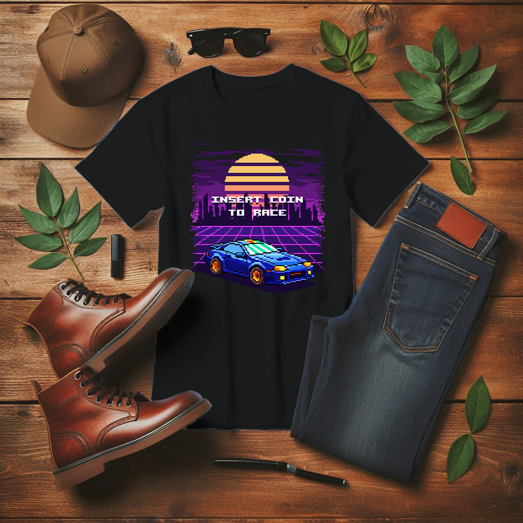 Retro Racing Arcade Pixel Gamer Insert Coin 80s Style T-Shirt