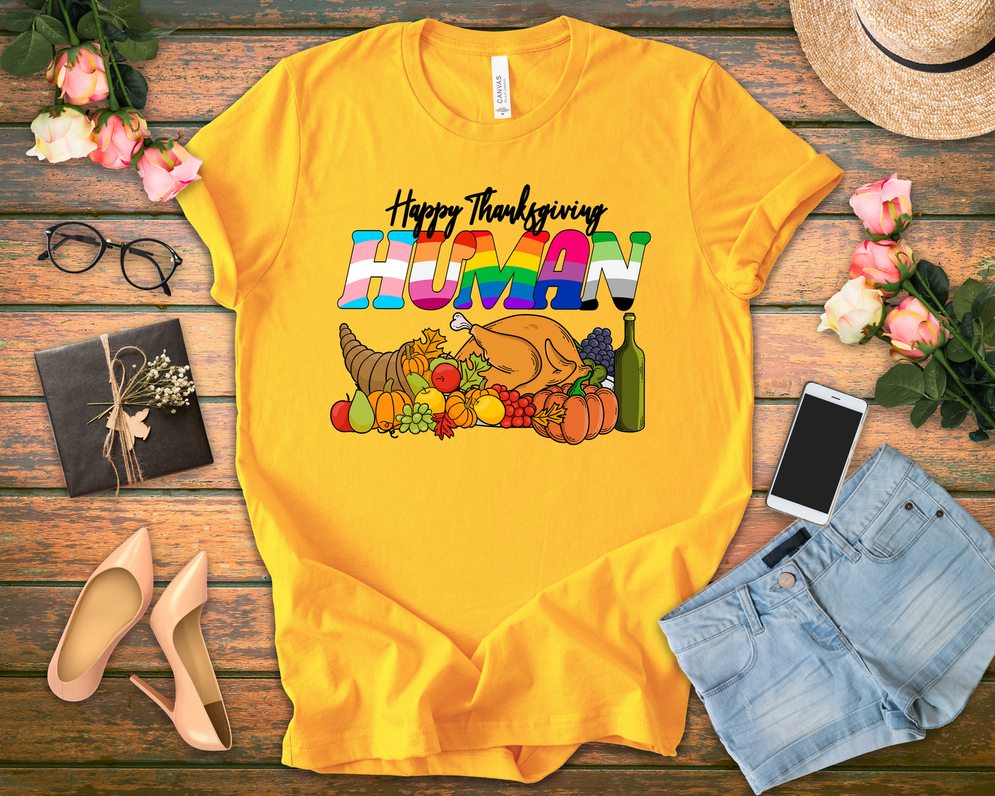 Happy Thanksgiving Human Gradient Text T-Shirt