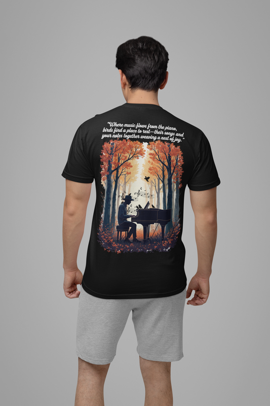 Music & Nature Harmony T-Shirt – Grand Piano in Autumn Forest Scene [White Text]