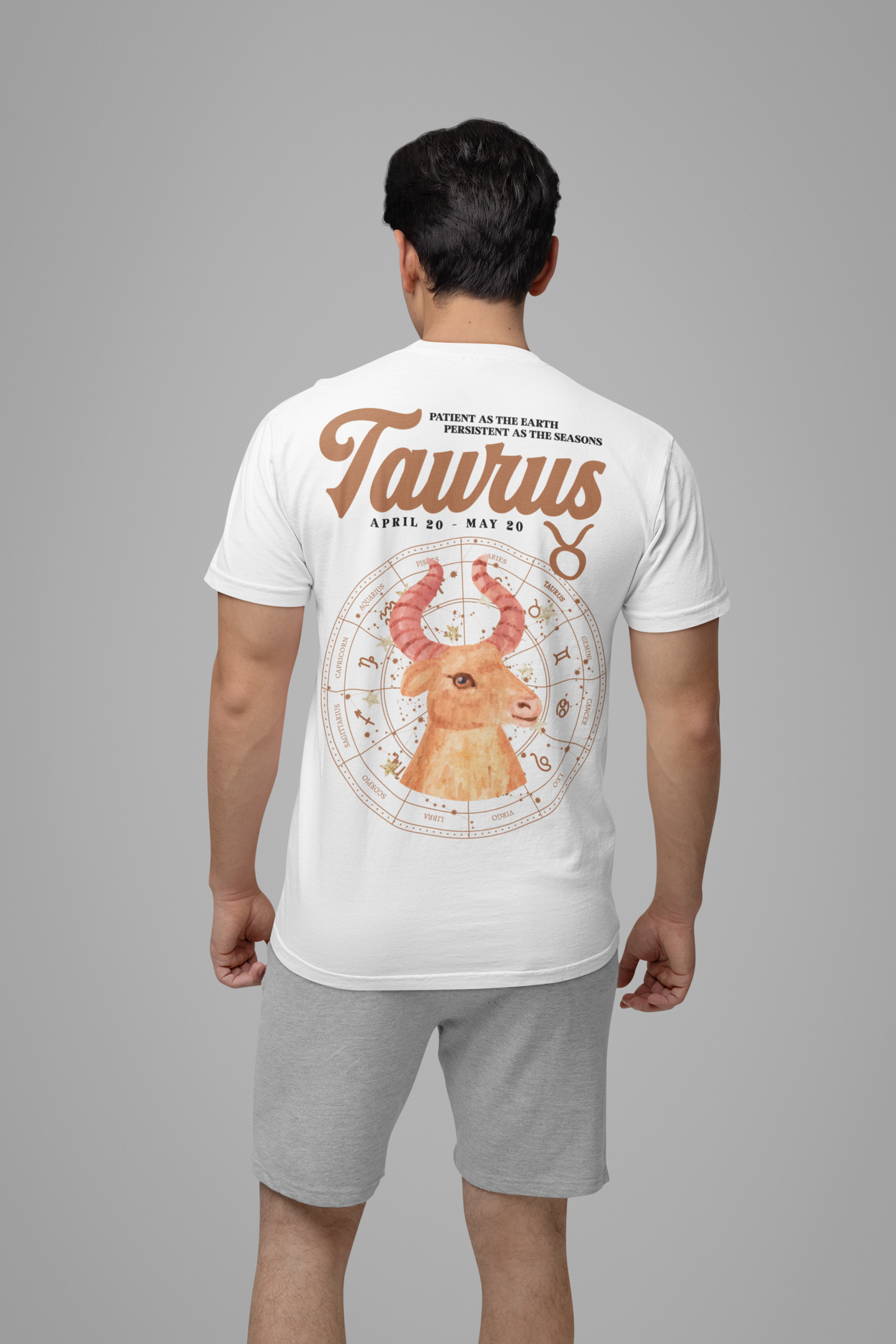 Taurus Zodiac T-Shirt – Patient as the Earth Persistent as the Seasons with astrological wheel